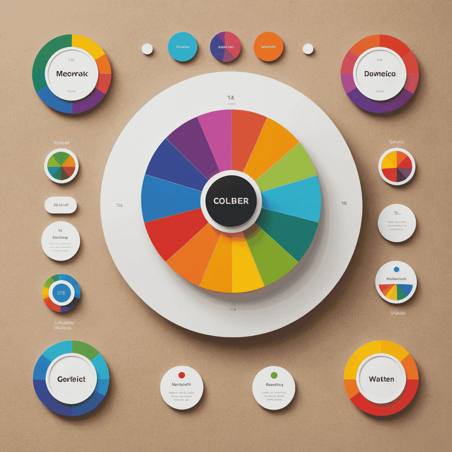 Imagen que muestra una rueda de color y ejemplos de interfaces de usuario con diferentes esquemas de color