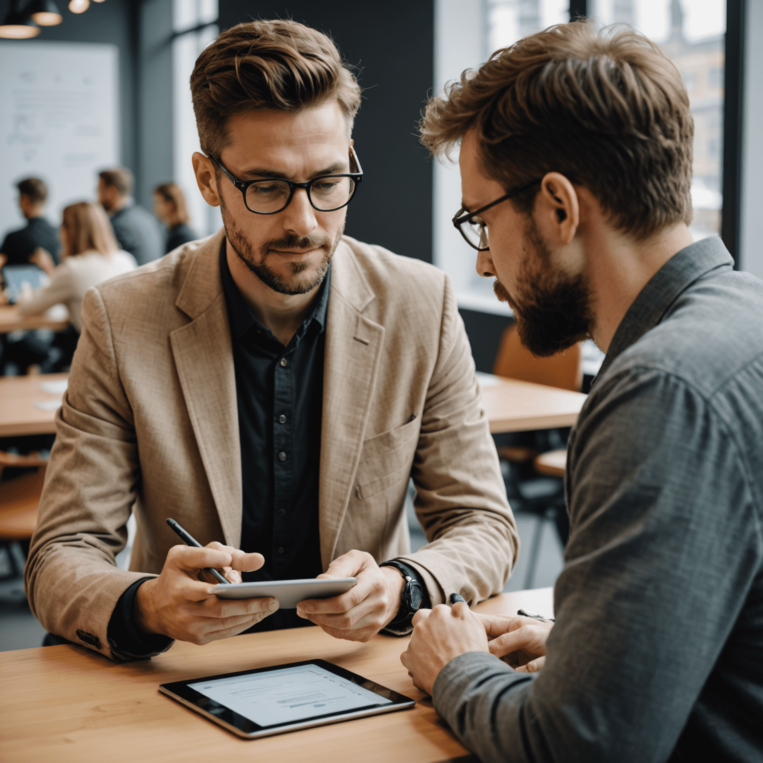 Investigador UX realizando una entrevista con un usuario, tomando notas y observando su interacción con un prototipo en una tableta