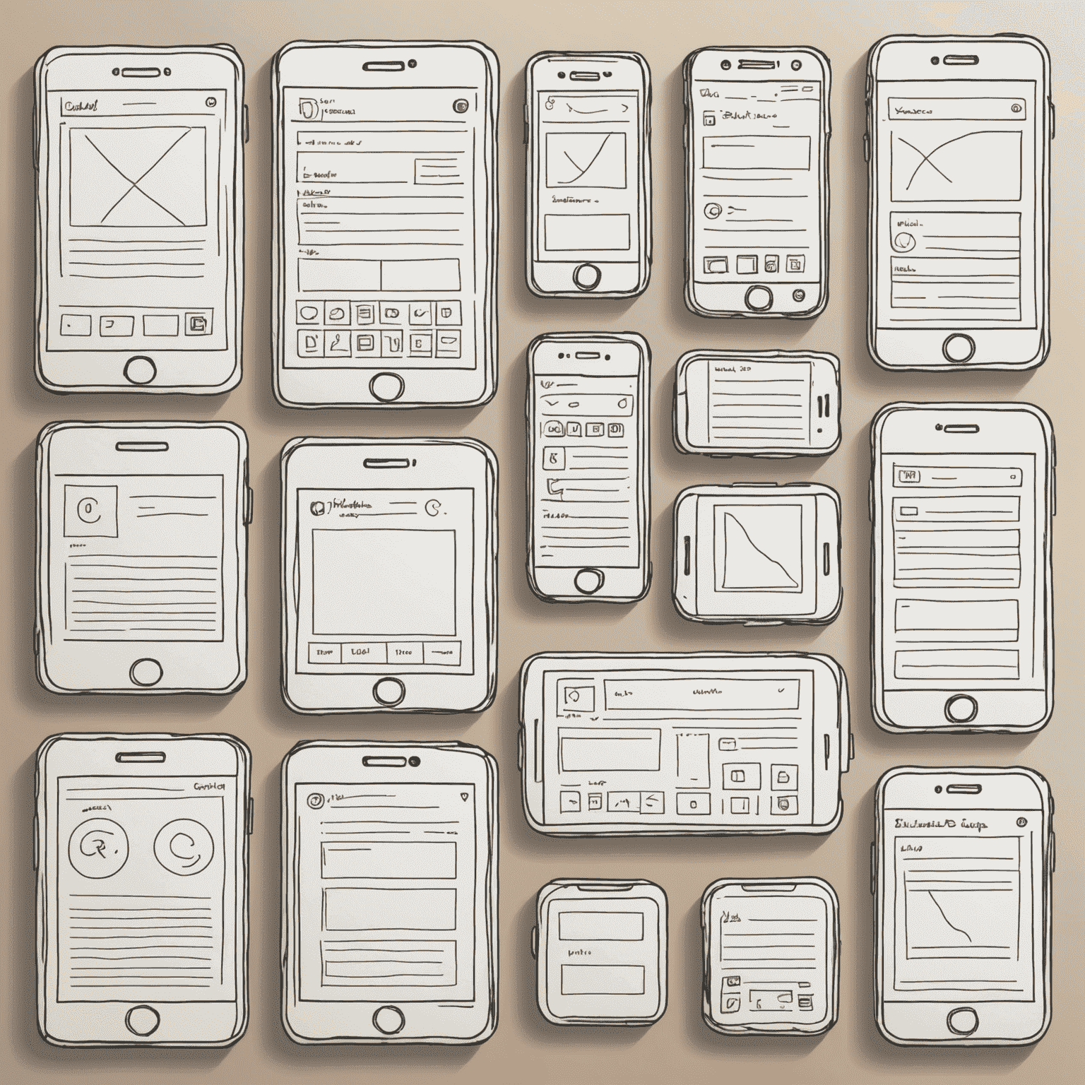 Conjunto de bocetos a mano de wireframes para una aplicación móvil, mostrando diferentes layouts y elementos de interfaz