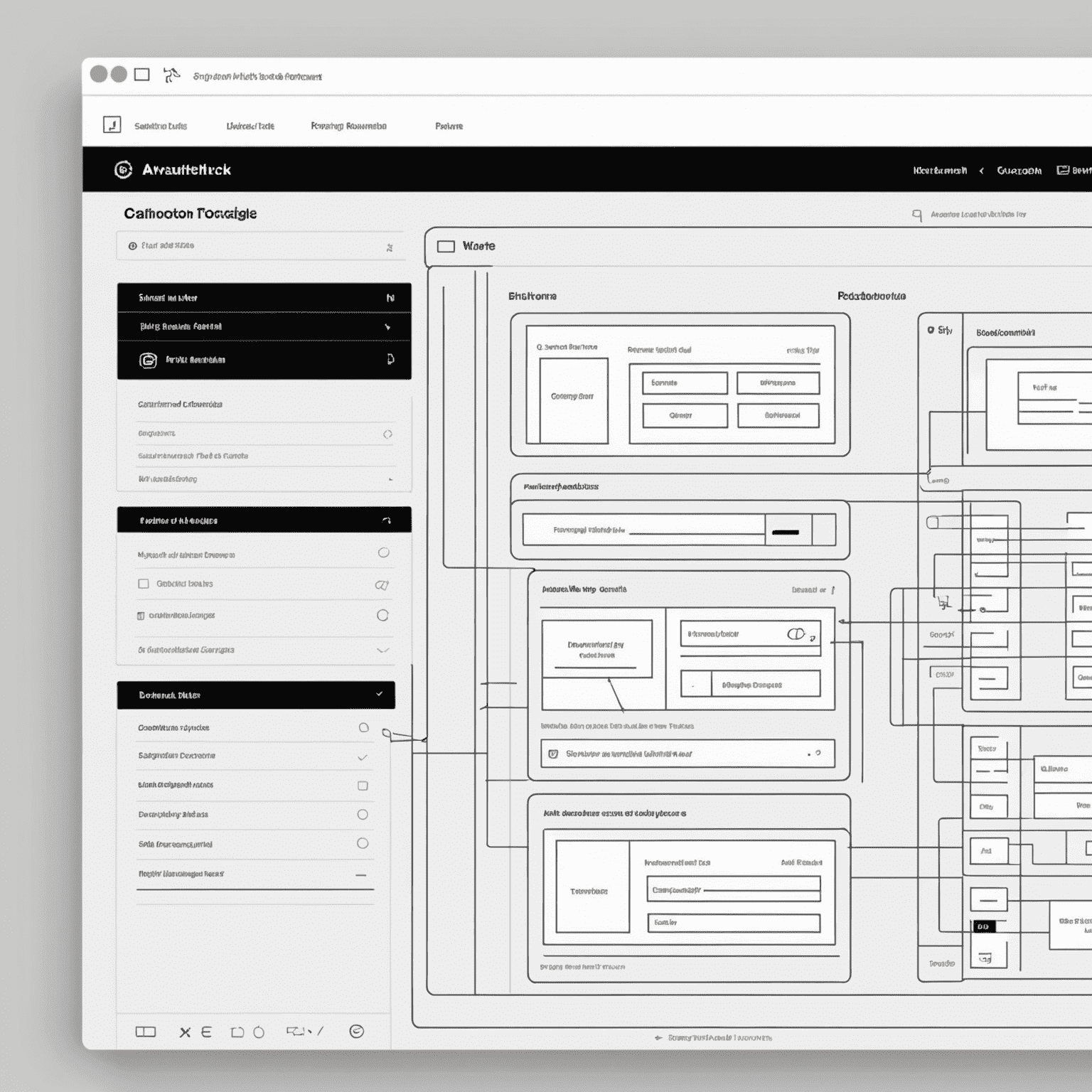 Captura de pantalla de un prototipo interactivo de wireframe en una herramienta de diseño UI/UX, mostrando conexiones entre diferentes pantallas